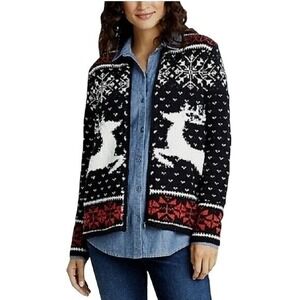 J JILL Deer Valley Holiday Reindeer Wool Full Zip Sweater Women's Sz S Black